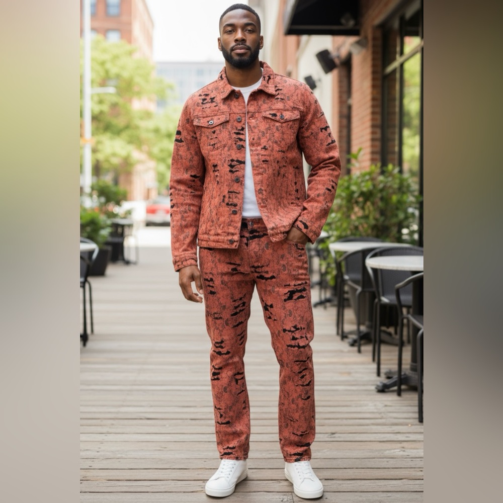 Valabasas Blue Moon Faded distressed Coral and Black  Denim Jacket and Pants Set